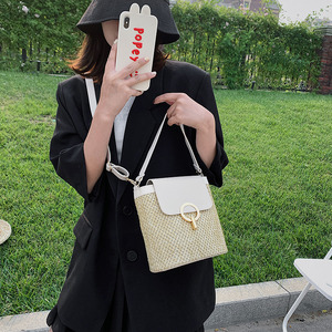 THK0420 Women's Fashion <b>Crossbody</b> <b>Straw</b> Handbag Small Bucket <b>Bag</b> with Zipper Closure Hollow Woven for Holidays - Product Image 4