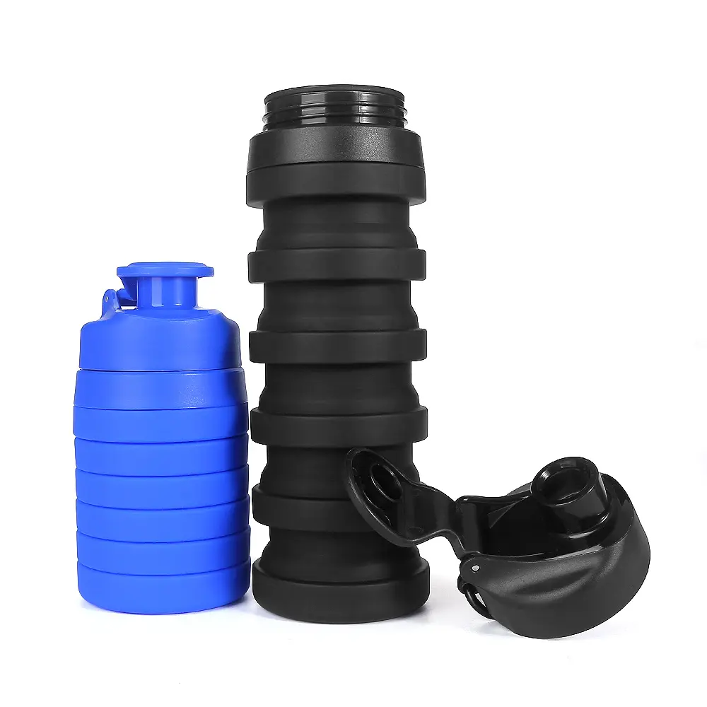 Wholesale BPA free Ecofriendly reusable portable silicone folding sport water bottles creative collapsible silicone cup