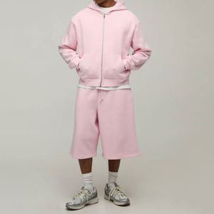 Ensemble de survêtement rose uni pour homme, 2 pièces : sweat à capuche zippé ample et pantalon de survêtement capri 3/4 à jambes larges - Product Image 4