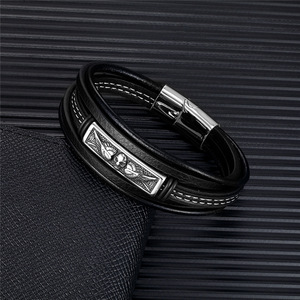 Bracelet en cuir multicouche style punk sombre pour homme avec fermoir magnétique en forme d'ailes de crâne, bijoux vintage en acier inoxydable, 19 cm, 21 cm, 23 cm - Product Image 2