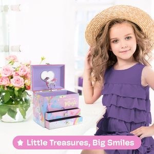 Boîte à bijoux musicale licorne Jakos pour filles avec serrure et 2 tiroirs coulissants, pour ranger les boucles d'oreilles, joue la mélodie 'Beautiful Dreamer' - Product Image 6