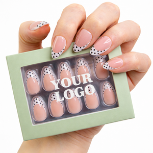 <span class=keywords><strong>Faux</strong></span> ongles en gel souple réutilisables à presser, couleur nude rose amande, motif pois noirs, marque privée - Product Image 3