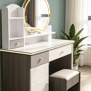 Modern Makeup <b>Vanity</b> With <b>Lighted</b> Oval Mirror Storage Drawers Bedroom Dressing Table With Stool - Product Image 2