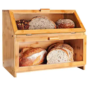 厨房柜台双层大面包盒，竹子大容量面包储物箱