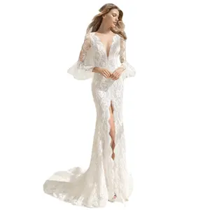 Flared long-sleeved floral lace small fishtail slim fit with high slit sexy wedding dress