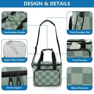 Summer Outdoor Camping Large Insulated Nylon Picnic Lunch Bag Green Checkered Custom Insulated Cooler Bag with Handle - Product Image 5