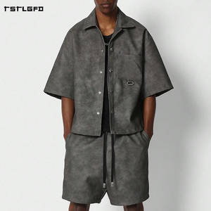 Cut And Sew Faux Suede Pu Set Boxy Fit <b>Distressed</b> Washed Oversized Streetwear Button Up Shirt Drawstring Shorts Set - Product Image 1