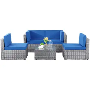 Outdoor Garden Patio Silver Wicker Furniture 5 Piece Conversation Sofa Set with Blue Cushion and Coffee Table