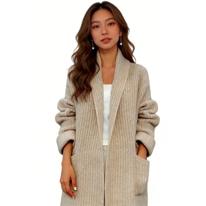 Cardigan en tricot côtelé pour femme, ouvert sur le devant, à manches longues, décontracté, mi-long, style pull, tendance - Product Image 1