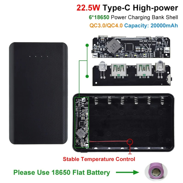 QC4.0 QC3.0 Dual USB Micro/Type-C USB 6*18650 Power Bank Battery Box 5V 4.5A 22.5W 20000mAh Mobile Phone Charger DIY Shell Case