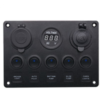 Panneau de commutateur à bascule marin 5 gang, étanche, noir, LED, aluminium, 12V, double prise USB, chargeur, voltmètre, interrupteur marche/arrêt