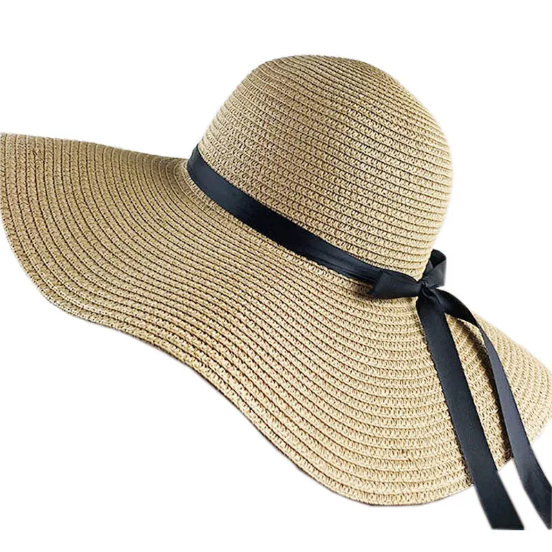 Holiday Custom Women Broad Brim Beach Hat Bowknot Summer Sun Hat Foldable Wide summer beach straw hat