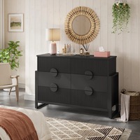 Commode à tiroirs large moderne en bois noir sur mesure avec 6 tiroirs cannelés et poignées métalliques pour le rangement de la chambre à coucher