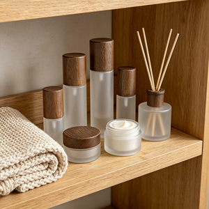 Ensemble de flacons et pots cosmétiques en verre givré Eco-Luxury 30ml 50ml 100ml 120ml avec couvercle en bambou naturel foncé - Product Image 1