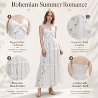 Robe longue blanche en pur coton avec dentelle florale brodée, bretelles spaghetti, taille haute et volants étagés, idéale pour les vacances
