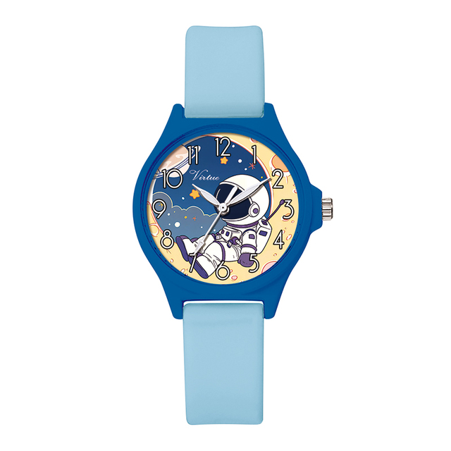 2025 Virtue Kids Watch Cool Astronaut Space Dial Light Blue Silicone Strap Daily Quartz Movement Alloy Glass Adventure Accessory