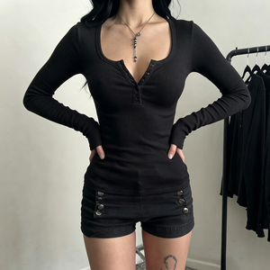 Camiseta básica informal de manga larga para mujer, de color liso, con botones en la parte delantera, elástica y ajustada - Product Image 3