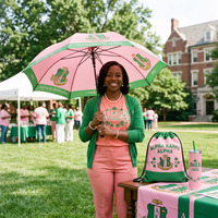 Parapluie compact personnalisé avec logo rose et vert, lettres grecques, souvenir universitaire, parapluie pour sororité
