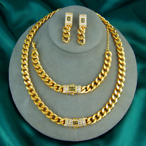 Hot Selling Italian Hip Hop Style Cuban Link Chains Jewelry Set 21k Gold Plated Cubic Zirconia Necklace 3pcs Set for Women Men - Product Image 1