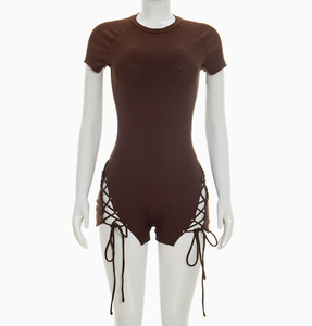 Viviblook J26RP027 <b>Women</b> <b>Rompers</b> New Summer Solid Color Short Sleeved Slim Fit Ribbed Lace Up Casual <b>Romper</b> - Product Image 1