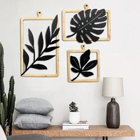 Décoration Murale Intérieure de Luxe : Art Mural en Métal Doré, Cadre en Bois, Fer Forgé, Feuille et Fleur Suspendues pour la Maison