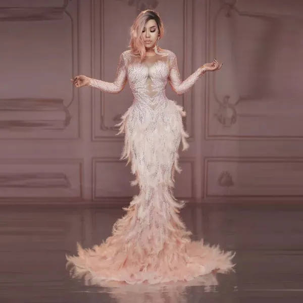 A3795 Pink Feather Diamond MIGO 2020 new style elegant maxi meramdi Floor Length fashion dress for women wedding dress