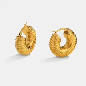 Stainless Steel Stylish Waterproof Jewelry PVD 18K Gold Plated Vermeil Chunky Thick Hollow Out Croissant Dome Hoop Earring Women