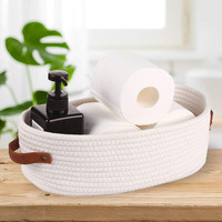 Panier de rangement ovale en corde de coton tressée pour salle de bain avec poignées en cuir, organiseur multi-usages pour articles de toilette