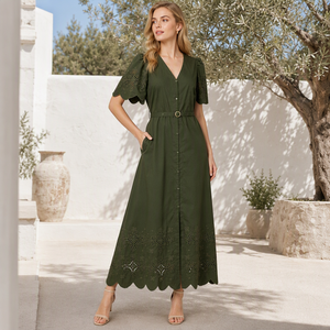 <span class=keywords><strong>Abito</strong></span> <span class=keywords><strong>Midi</strong></span> da Donna 100% Cotone <span class=keywords><strong>Verde</strong></span> Militare con Scollo a V, Maniche a Sbuffo, Bottoni, Linea ad A, Tinta Unita, Casual Estivo con Cintura - Product Image 1