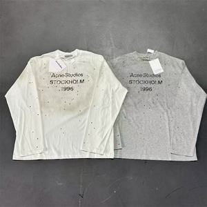 Camiseta de manga larga para hombre y mujer, estilo informal, con estampado de cielo estrellado con diamantes, letras envejecidas y efecto lavado, de alta resistencia. - Product Image 1