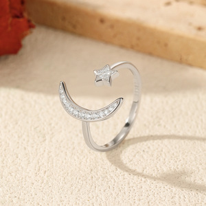 S925 Sterling Silver Delicate Moon and Star Zircon <b>Open</b> <b>Ring</b> Adjustable Stackable <b>Ring</b> for Women Daily Jewelry - Product Image 3