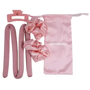Custom logo box Pink Roller No heat 100%mulberry silk hair roller sleeping curling rod headband heatless hair curler scrunchies