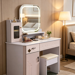 Modern <b>Makeup</b> <b>Vanity</b> With Lighted <b>Mirror</b> Storage Drawers Bedroom Dressing Table With Stool - Product Image 3