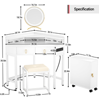 Bureau d'angle triangulaire moderne réglable avec miroir éclairé, station de charge et 2 tiroirs pour petit espace, chambre, salle à manger, coiffeuse