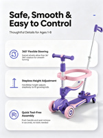 Trottinette pliable multifonctionnelle 4 en 1 pour enfants, siège amovible, poignée de poussée, roues à rotation 360°, roulements ABEC-7 - Design moderne et populaire