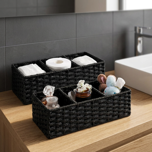 <b>Rectangular</b> Woven <b>Storage</b> <b>Basket</b> Set with Dividers for Bathroom and Sundries Organization Black 2-Piece - Product Image 2