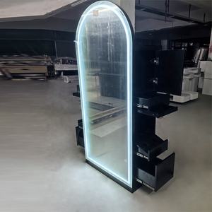 Miroir de salon portable à double face avec rangement, grand miroir de beauté noir à LED pour salon de coiffure - Product Image 4