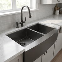 Évier de cuisine double cuve style ferme en acier inoxydable, finition PVD noir nano, à encastrer sous plan avec tablier