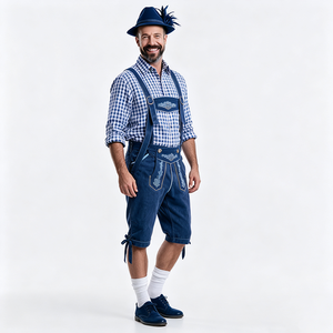 Chemise à carreaux bleu et <span class=keywords><strong>blanc</strong></span> pour homme, broderie bleu foncé, ensemble <span class=keywords><strong>complet</strong></span> Lederhosen, chapeau à plumes, chaussettes blanches, chaussures, tenue bavaroise pour l'Oktoberfest - Product Image 2