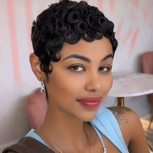 Peluca de Cabello Humano Remy Corto Estilo Pixie, Color Negro, Ondulado a Máquina, Estilo Chioma, Longitud Reservada, Peluca Adecuada - Product Image 6