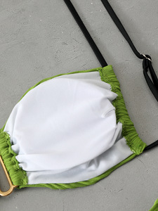 Conjunto de bikini triangular de color liso con fruncido sexy para mujer, con lazo en la espalda, sin espalda, de 2 piezas, para playa - Product Image 6