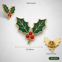 Broche émaillée souple 2D en forme de feuille de houx unique, plaquée or, avec trois baies, bijoux de Noël, vente en gros, badges personnalisés, usine OEM