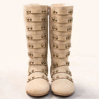 Bottes militaires en daim brun pour enfants en bas âge avec lanières à la mode en laiton antique, extra hautes, doublées de satin, bottes d'automne pour filles