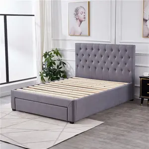 Modern Upholstered Bed with Storage Drawers Queen Size Grey Fabric Soft Bed with solid wood slats