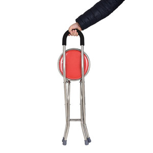 Cane Chair <b>Folding</b> Four Legged Red Seat Multi Functional <b>Stool</b> For Elderly Support - Product Image 2