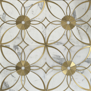 MARQUINA màu đen và thassos Trắng Inlay Brass bằng tia nước đá cẩm thạch Gạch <span class=keywords><strong>Mosaic</strong></span> hoa mẫu cho nhà bếp backsplash và nội thất - Product Image 6