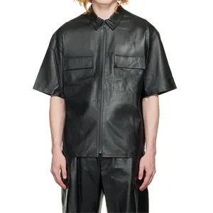 Camisa de manga corta con bolsillos para hombre, camisa de piel sintética negra, cuello extendido, OEM