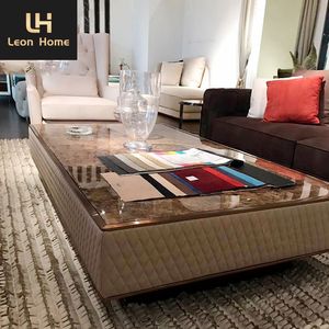 Mesa de <span class=keywords><strong>Centro</strong></span> de Lujo Antigua para Sala de Estar, Mesa de Té Rectangular de Acero Inoxidable y Cuero - Product Image 2