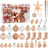 Ensemble de 132 décorations de Noël en or rose et blanc, boules suspendues en plastique, étoiles, flocons de neige, cônes de pin pour la décoration des fêtes