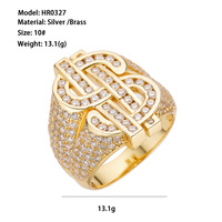 Anneaux Hip Hop GRI Moisonite Pass Diamond Tester, sertis de zircon, plaqués or creux, symbole de l'argent, plaqués or 14 carats, signe du dollar américain